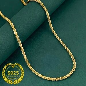 Unisex Elegant 24KT Gold-Plated Over Sterling Silver Rope Chain Necklace 24”